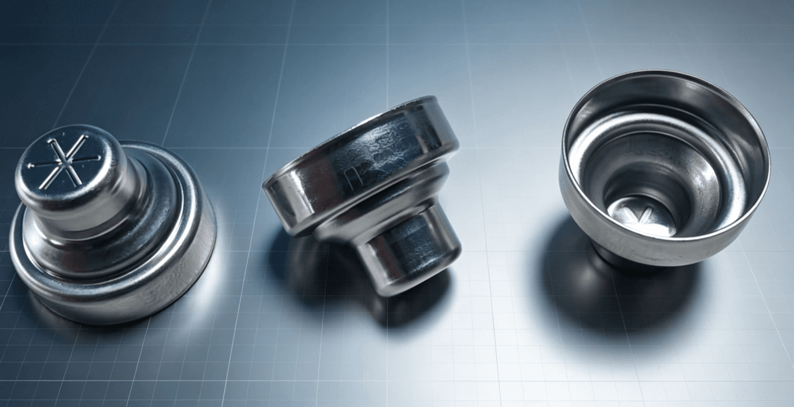 Three deep-drawn ignition tube sleeves: closed end with embossed mark, stepped side view and open end