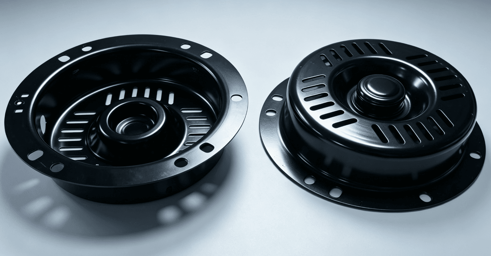 Deep-drawn cylindrical motor casing shown from multiple angles