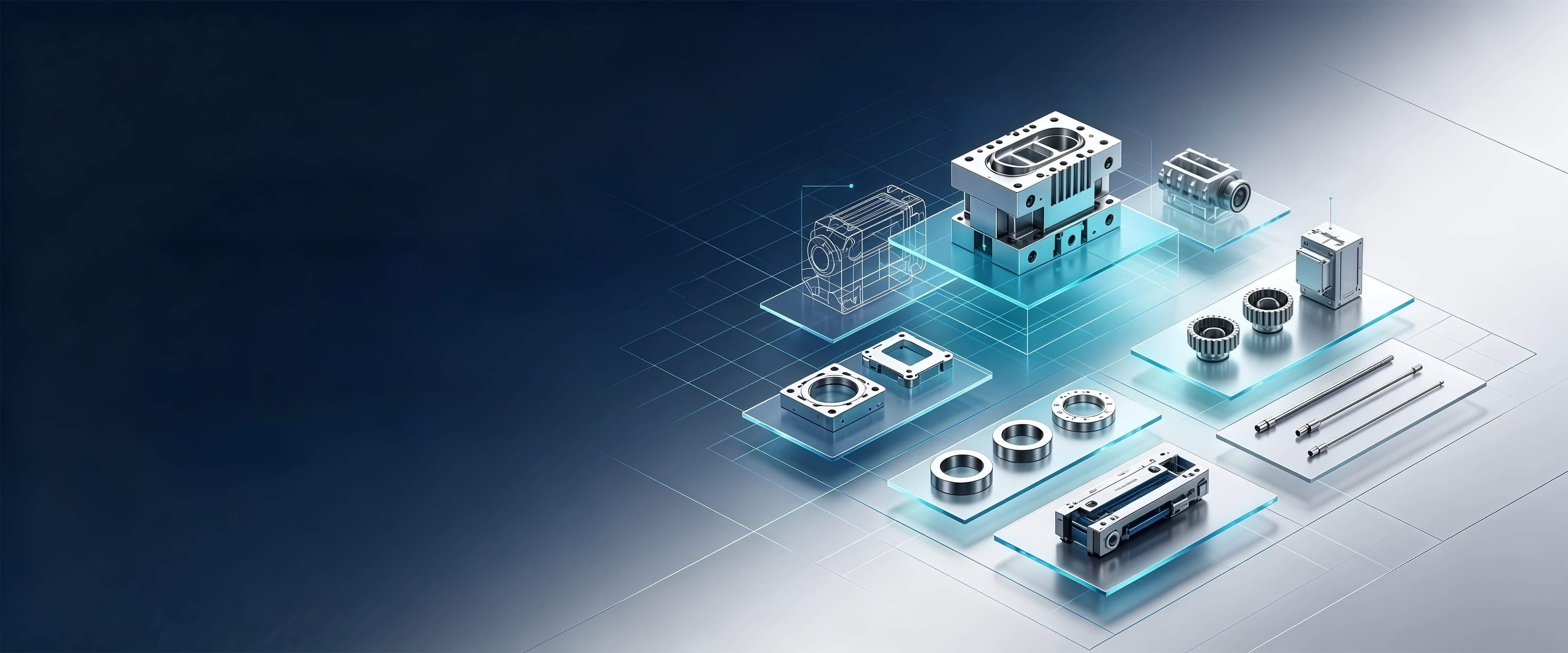 Precision metal components and tooling plates arranged on a dark technical platform