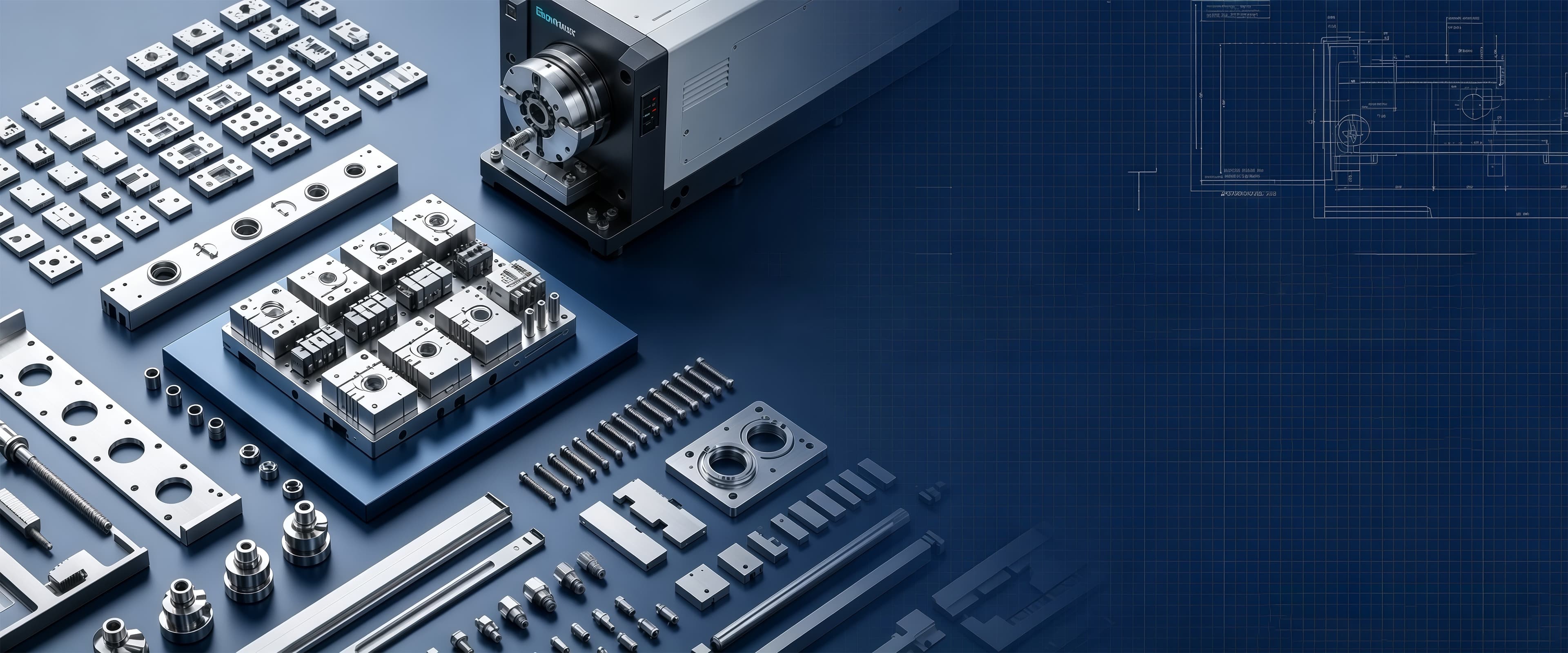 A field of precision metal components, plates and fasteners beside a technical drawing