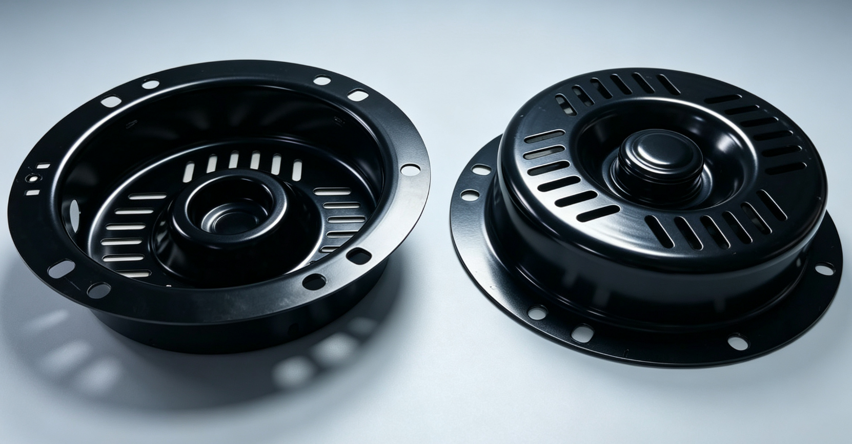 Deep-drawn cylindrical motor casing shown from multiple angles